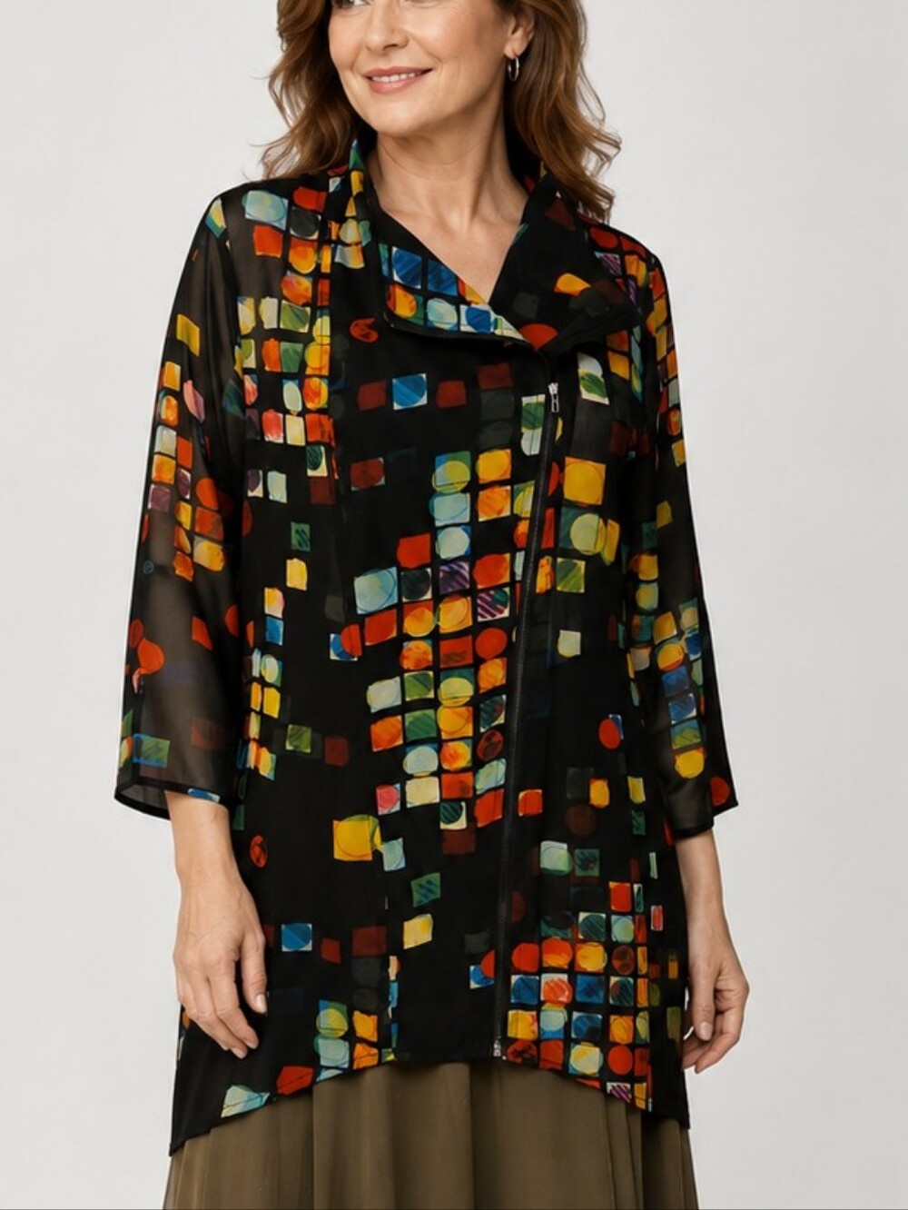 PARIS HUES Black Multicolor Abstract Square Lights Sheer Moto Chiffon Shacket